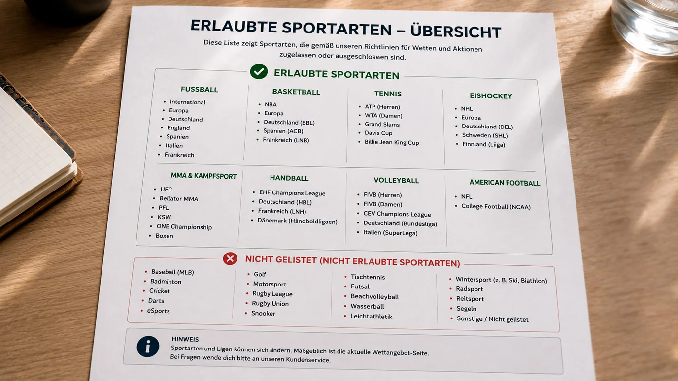 GGL-Whitelist Sportarten Übersicht mit erlaubten Sportwetten in Deutschland und Ausschluss von MMA UFC