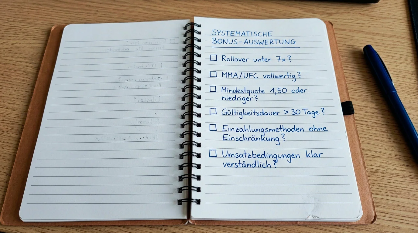 Auswahlkriterien für MMA Wetten Bonus bei UFC-Buchmachers mit Rollover Mindestquote und Zeitraum-Checkliste