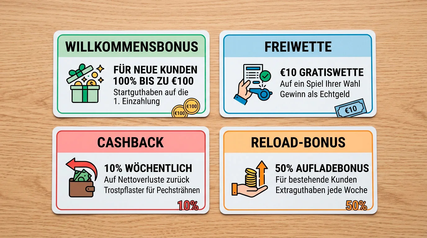 Überblick der Bonustypen bei MMA-Wettanbietern inklusive Willkommensbonus Freiwette und Reload-Bonus