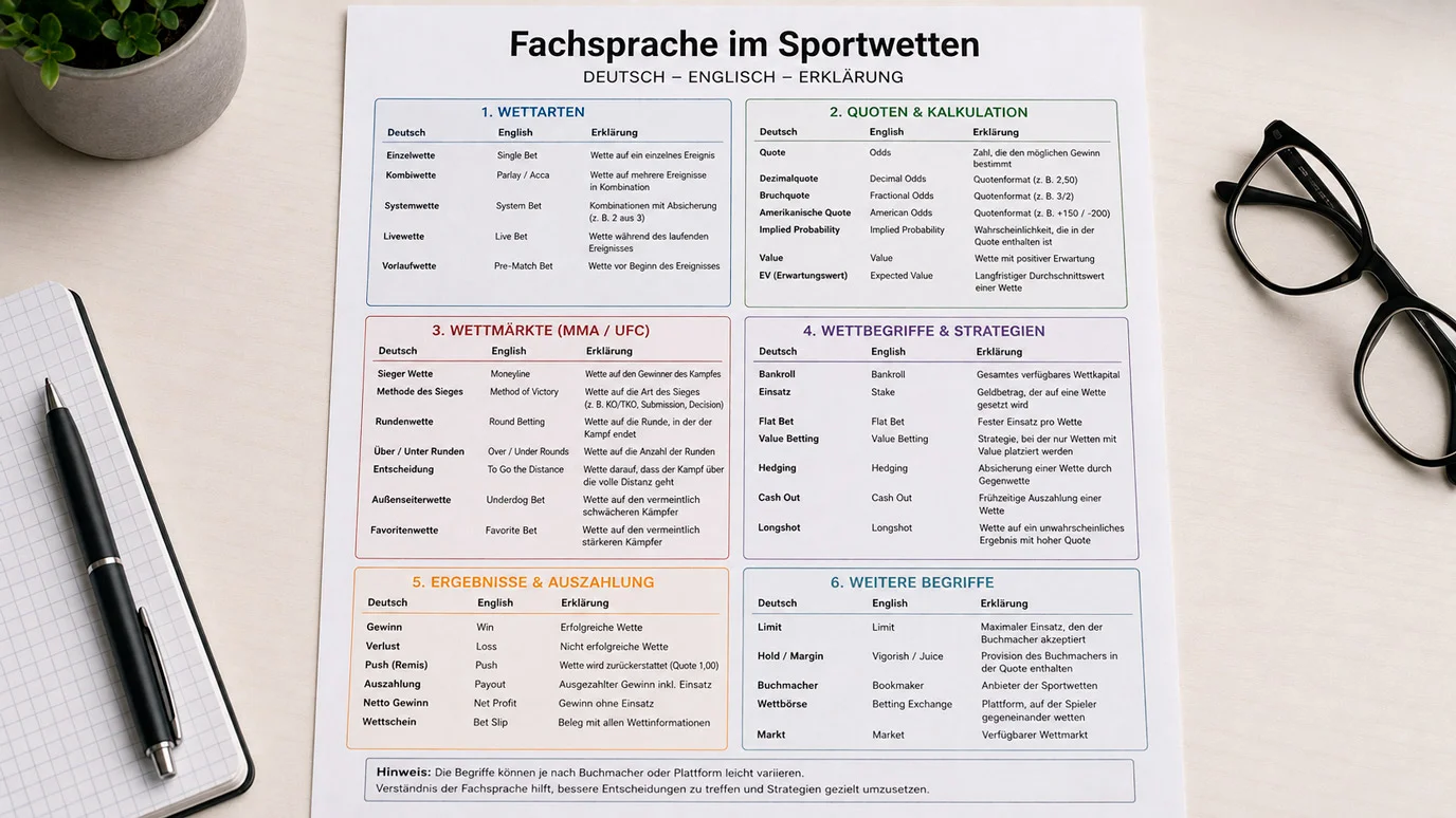 Übersicht der wichtigsten MMA-Wetten-Fachsprache und Terminologie für deutsche Sportwetter