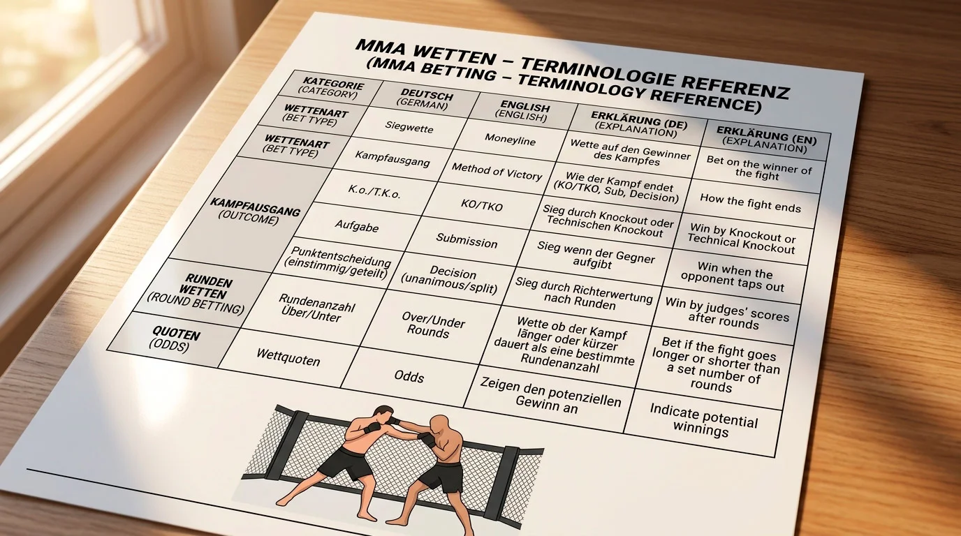 Vollständige Terminologie-Übersicht für MMA-Wetten – deutsche und englische Fachbegriffe im Überblick