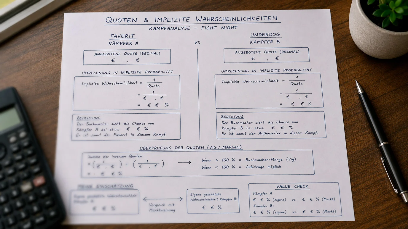 Bedeutung von UFC-Quoten für Favorit und Außenseiter bei MMA-Wetten mit Marge und implizierter Wahrscheinlichkeit