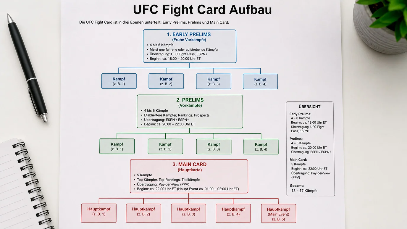 Aufbau einer UFC Fight Card mit Main Card, Prelims und Early Prelims für die Wettanalyse