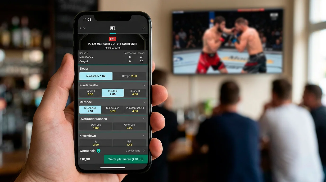 Übersicht der In-Play-Wettmärkte bei UFC-Kämpfen auf einer mobilen Wettplattform