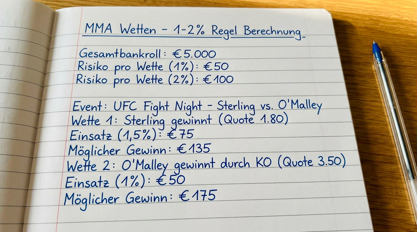 Berechnung des Einheitseinsatzes beim UFC Bankroll Management mit 1-2%-Regel auf Wettzettel