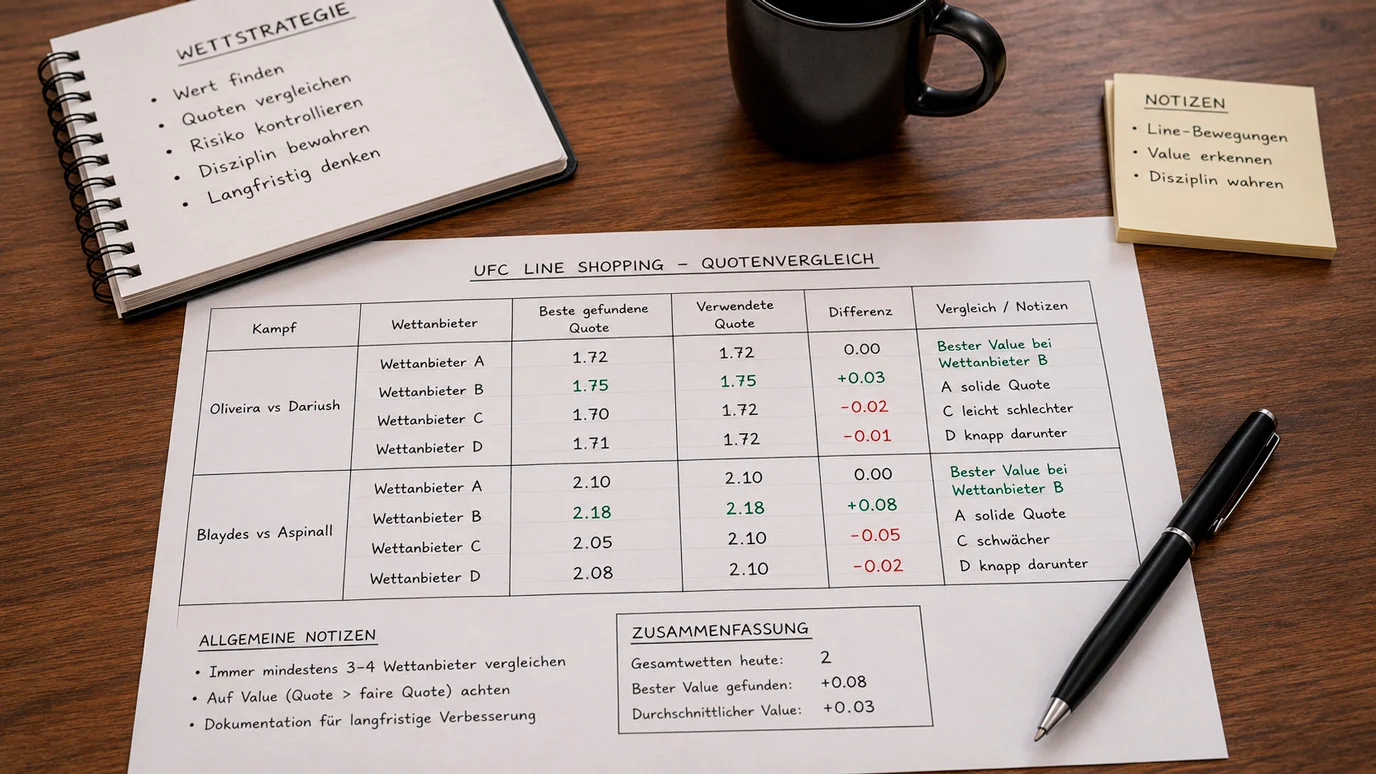 Systematische Tabelle für UFC Line Shopping – Quotenvergleich und Anbieter-Tracking für MMA-Wetter